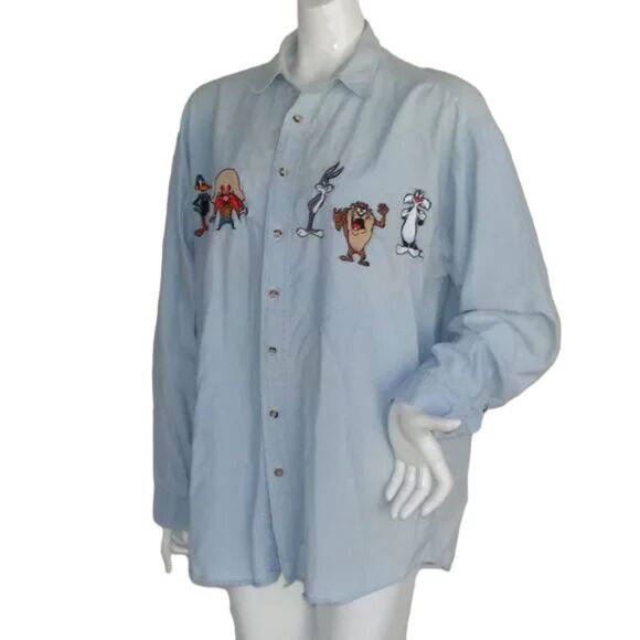ACME Clothing Shirt L/XL, Chambray, Bugs, Daffy, Tweety, Sylvester, Sam, VINTAGE - Picture 5 of 14